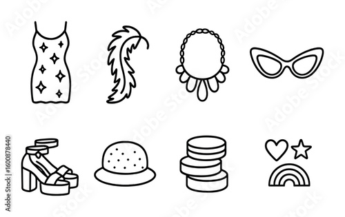 Festival Wear Icons. Outline icon set of festival and party wear: glitter dress, feather boa, statement