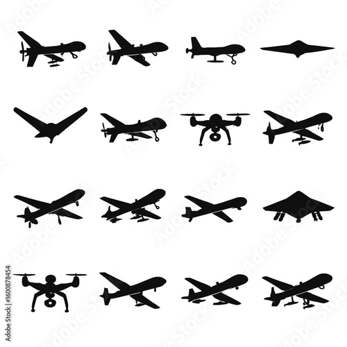 A collection of silhouette drone aircraft designs featuring various styles and shapes perfect for military and civilian applications in modern aviation and technology