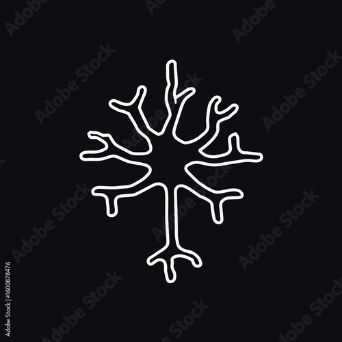 Stylized neuron graphic shows outline in minimalist presentation on dark backdrop depicting neural networks.