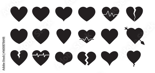 Black Heart Silhouette Vector Icons - Love, Broken Heart & Heartbeat Graphics