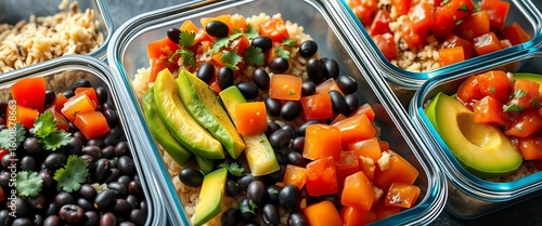 Vibrant black beans, rice, peppers, avocado, and salsa in clear meal prep containers,  clear containers,  clean eating