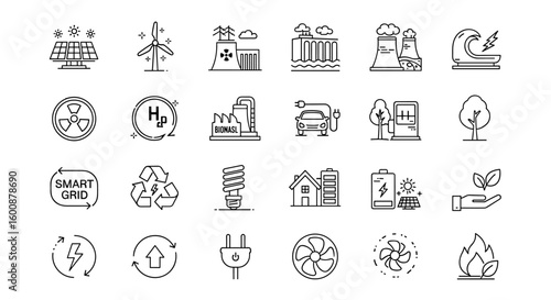 A comprehensive collection of sustainable energy icons representing solar, wind, hydro, biomass, and smart grid technologies for eco-friendly solutions