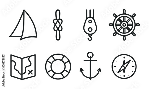 Sailing Essentials Icons. Outline icon set of sailing essentials: sails, knots, rigging, helm, navigation