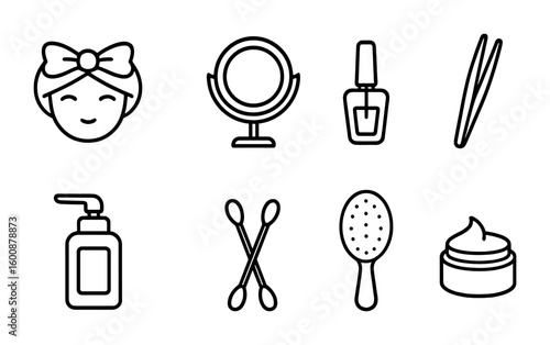 Self-Care Essentials. Outline icon set of self-care and grooming: cosmetic headband, mirror, nail polish,