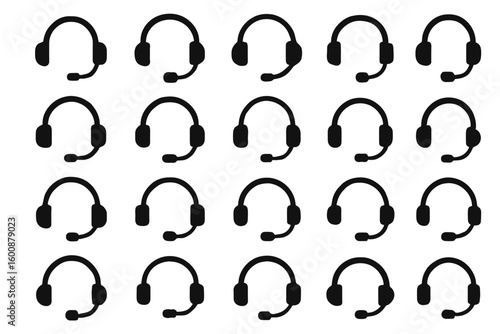 A stylish arrangement of black headphones with microphones for versatile audio solutions in communication and entertainment settings