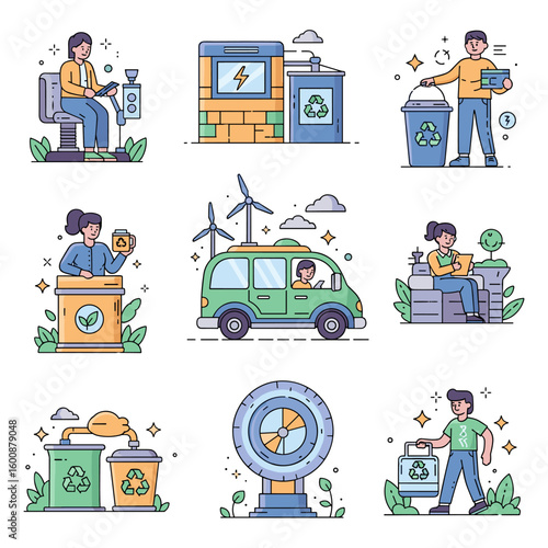 A sustainable lifestyle illustrated through eco-friendly practices in daily life, featuring recycling, renewable energy, and green technology concepts