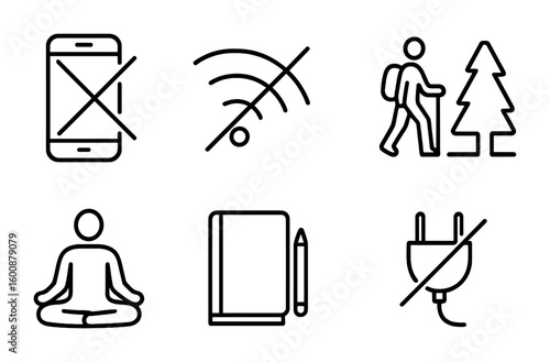Digital Detox Icons. Outline icon set of digital detox: crossed phone, no wifi, book, nature walk, meditation,