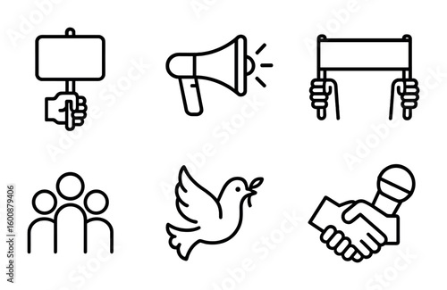 Political Activism Icons. Outline icon set of political activism: protest sign, megaphone, raised fist, banner