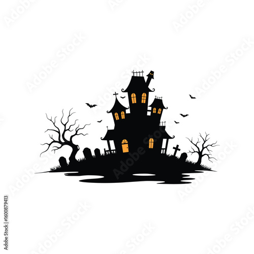 Terrifying Haunted House with Cemetery and Bats for Halloween Night Scene