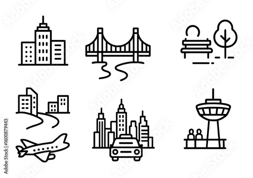 Iconic City Outline. Outline icon set of famous city views: skyscraper, bridge, river, park, airplane, taxi,