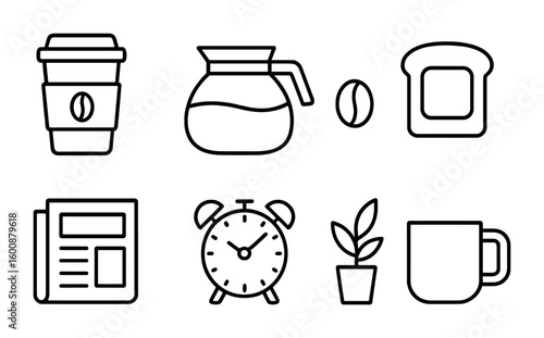 Morning Coffee Icons. Outline icon set of morning coffee routine: reusable cup, coffee pot, logo, toast,