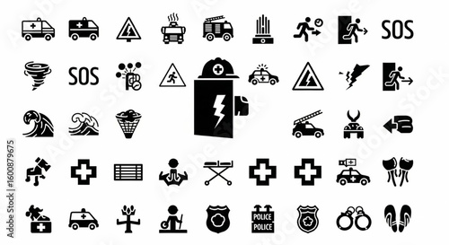 Emergency and Safety Glyph Icon Set – Vector Ambulance, Fire, Police, SOS, Evacuation, Medical Aid, Disaster Response Symbols