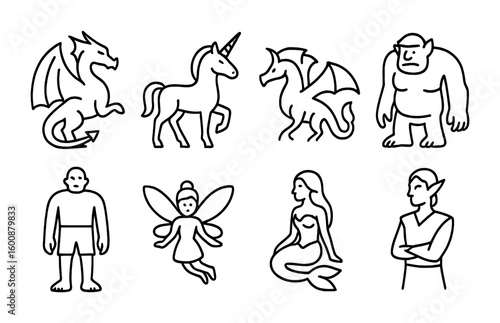 Legendary Creatures Icons. Outline icon set of legendary creatures: dragon, unicorn, wyvern, troll, giant,