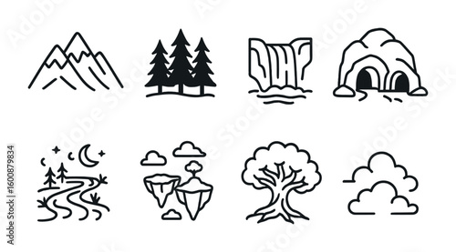 Fantasy Landscape Icons. Outline icon set of fantasy landscape: mountain range, dark forest, waterfall, caves,