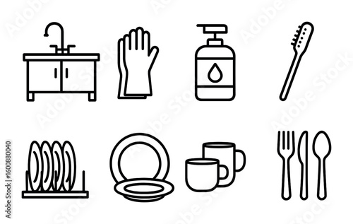 Clean Dishwashing Icons. Outline icon set of restaurant dishwashing: commercial sink, gloves, soap dispenser,