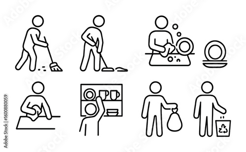 Kitchen Chore Icons. Outline icon set of kitchen chores: sweeping, mopping, washing dishes, wiping counters,