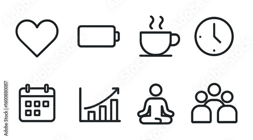 Motivation Icon Set. Outline icon set of maintaining motivation: heart, battery, coffee cup, clock, planner,