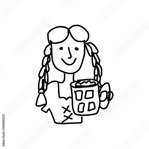 Doodle of smiling Caucasian girl in traditional German dirndl dress holding a beer mug in bold black hand drawn style on transparent background for Oktoberfest celebration visuals and beer party invit