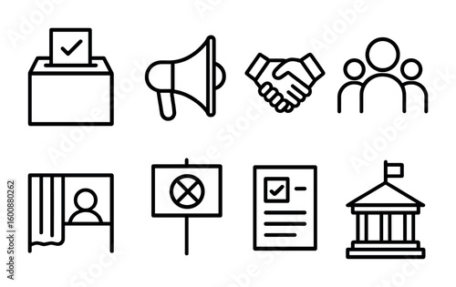 Civic Engagement Icons. Outline icon set of civic engagement: ballot box, megaphone, handshake, community