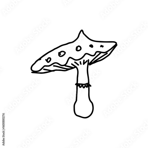 Hand drawn hallucinogenic mushroom doodle in black ink style on transparent background for Halloween posters, botanical illustrations, or psychedelic festival graphics
