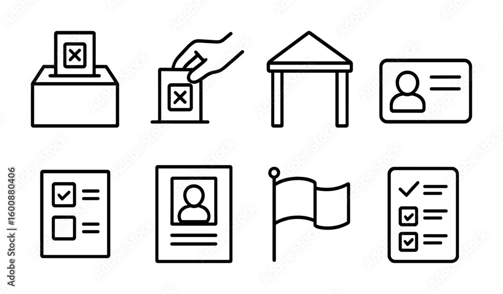 Fototapeta premium Election Icon Set. Outline icon set of election day: ballot box, voting hand, polling station, voter ID,