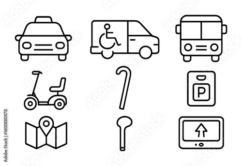 Senior Transportation Icons. Outline icon set of senior transportation: taxi, wheelchair-accessible van, bus,