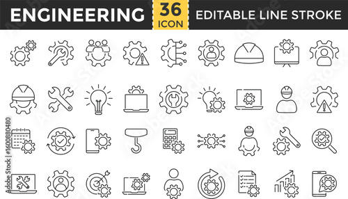 ngineering line icon set. Technology and development signs. Engineering outline icons collection, Pixel Perfect, Editable Stroke. Industrial automation, engineering, manufacturing, mechanical process,