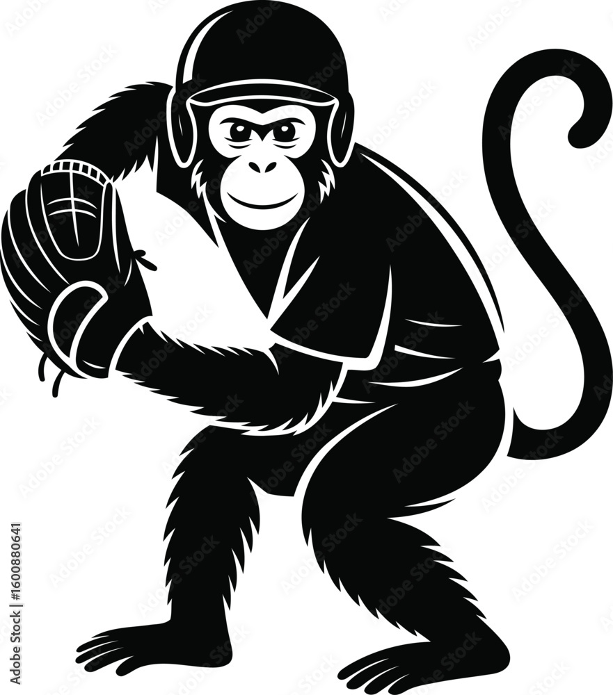 Fototapeta premium Monkey Playing Baseball Silhouette Vector, Transparent Background.