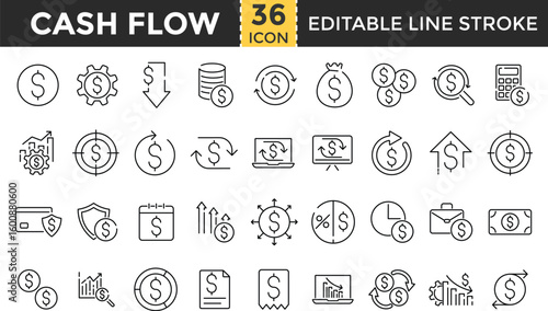 cash flow line icon set. Money turnover, cash inflow and outflow, finance, money icons. financial symbols. financial management sign. investment, currency symbol. cash flow outline icons collection, P