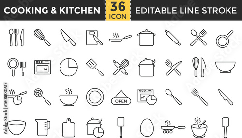 Cooking kitchen Editable stroke line icon set. Pixel perfect  representing kitchen and cooking icons collection. Essential Restaurant Culinary icons Collection. Includes pot, bowl, knife, fork choppin