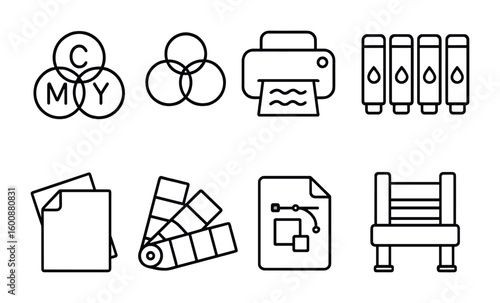 Printing Icon Set. Outline icon set of printing and colors: CMYK model, color separation, printer, ink