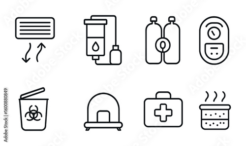 Life Support Icons. Outline icon set of Advanced life support systems: air scrubbers, water purifiers, oxygen