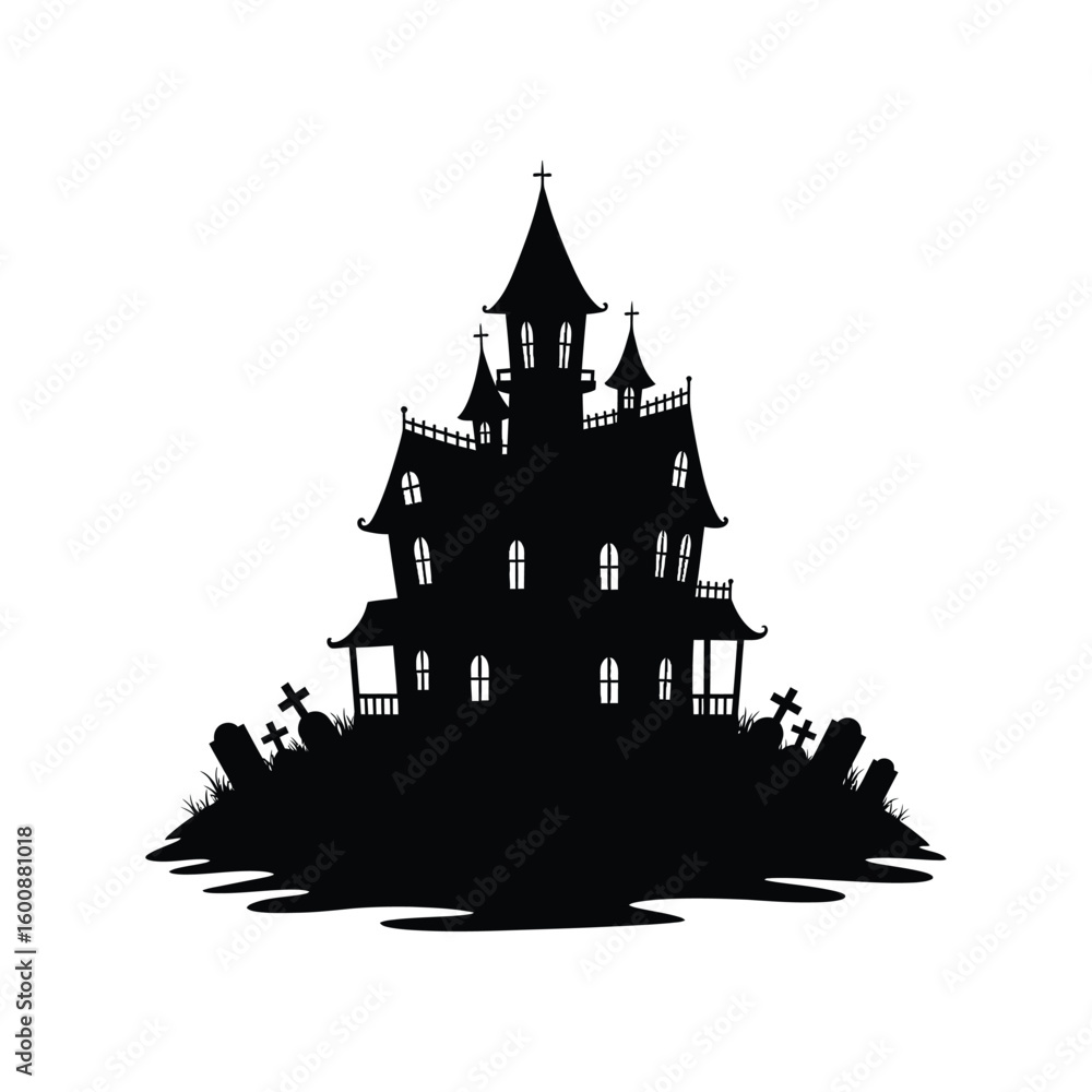 Obraz premium Spooky Haunted House Vector Icon with Bats Flying and Glowing Windows Halloween