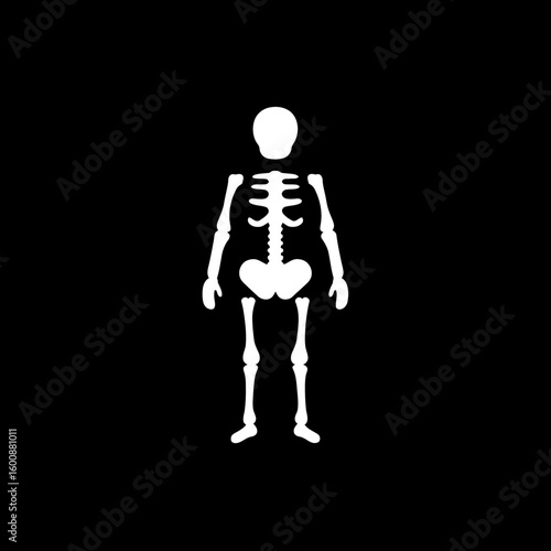 Full skeleton stands depicted against solid dark background anatomy illustration detail
