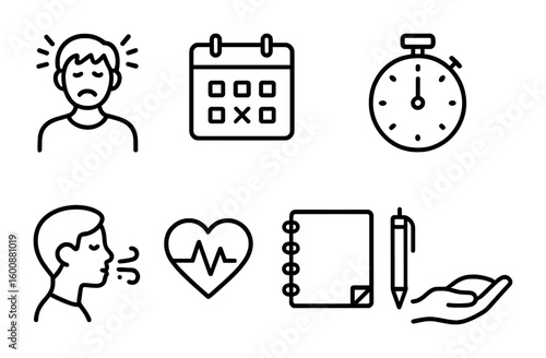 Stress Management Icons. Outline icon set of stress and time management: stressed person, calendar, timer,