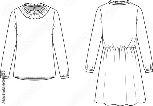 Dress technical drawing, long sleeve sketch, ruffled collar design, gathered waistline, flared skirt, fashion flat, garment blueprint, apparel template, clothing layout, fashion CAD, dress mockup, fro