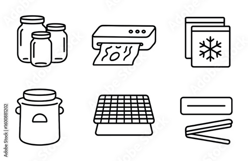 Food Preservation Icons. Outline icon set of food preservation techniques: canning jars, vacuum sealers,