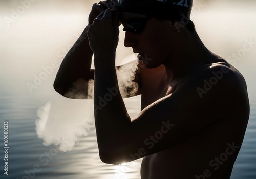 Silhouette of male swimmer exhaling vapor in cold morning light by waterfront
