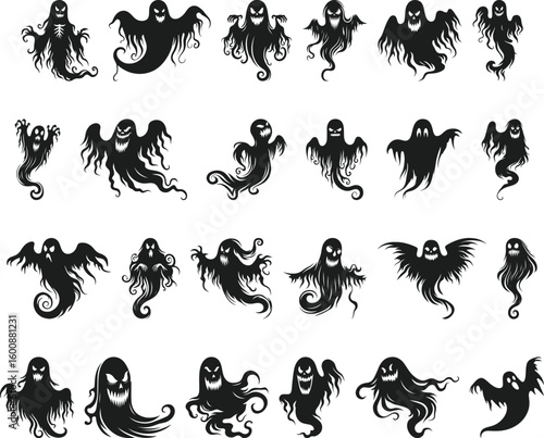 Big collection of Halloween ghosts vector silhouettes, Spooky Halloween ghost icons and horror clipart elements pack. scary ghost silhouettes vector.