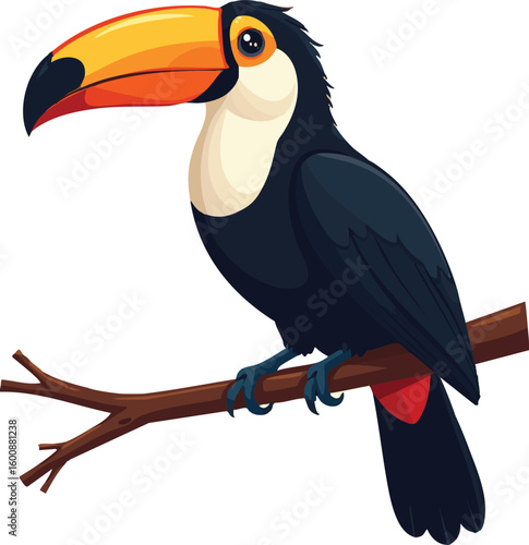 A colorful tropical toucan with a large beak perches on a branch in the wild rainforest