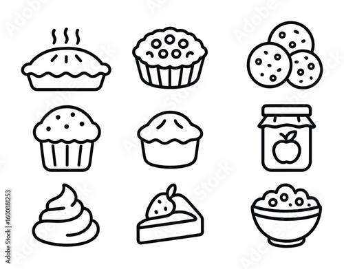 Homemade Desserts Icons. Outline icon set of homemade desserts: pies, tarts, cookies, muffins, custard,