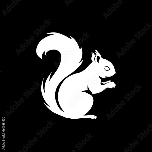 White squirrel silhouette holds nut isolated black background simple graphic element