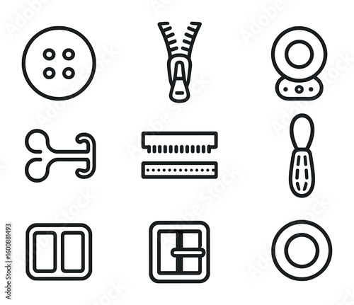 Clothing Fasteners Icons. Outline icon set of Clothing fasteners: buttons, zippers, snaps, hooks, Velcro