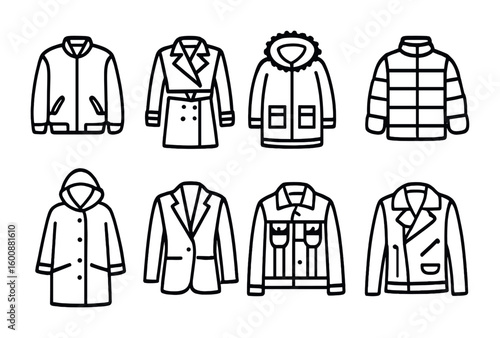 Jacket Style Icons. Outline icon set of Jacket styles: bomber, trench, parka, puffer, raincoat, blazer, denim