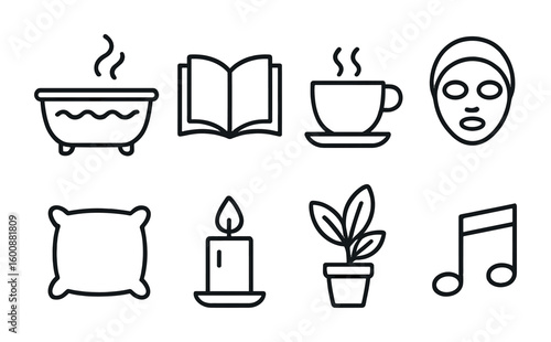 Self-Care Icon Set. Outline icon set of self-care routines: bath, book, tea cup, face mask, pillow, candle,