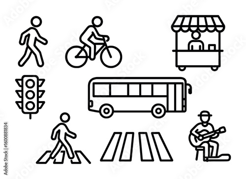 Street Line Icons. Outline icon set of candid street moments: walking pedestrian, bicycle, street vendor, food