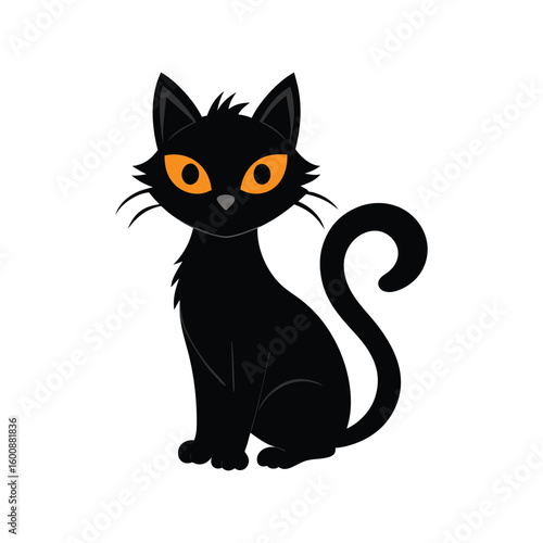 Adorable Black Cat Vector Illustration with Bright Orange Eyes for Halloween