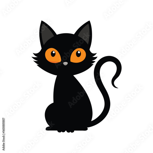 Adorable Black Cat Vector Illustration with Bright Orange Eyes for Halloween