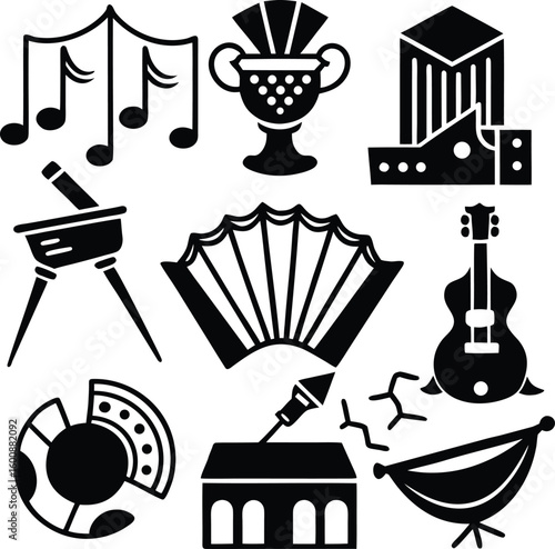 A diverse collection of vector icons illustrating food and drink symbols for kitchen and restaurant design, serve, dish, tableware, logo, flat, modern