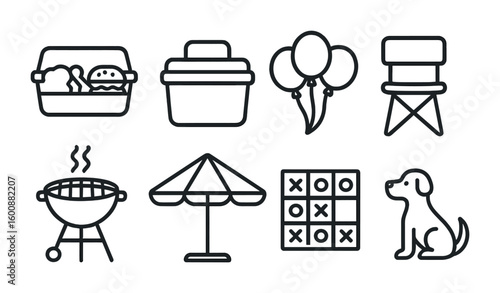 Green Spaces Icon Set. Outline icon set of Social gatherings in green spaces: food trays, coolers, party